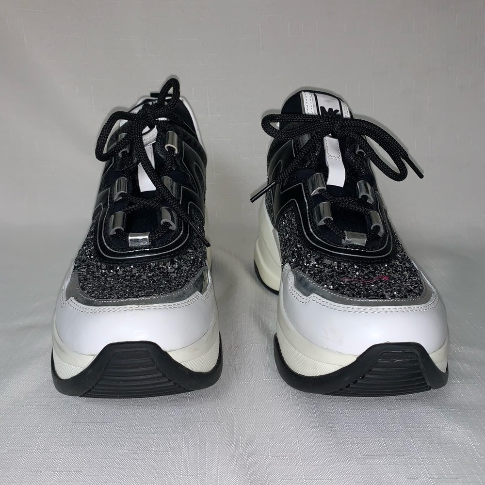 MICHAEL KORS Olympia Glitter Trainer Sneaker Women’s Black Silver 8.5M Lace Up - Picture 8 of 17